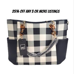 Black White Checkered Tote Bag Handbag Plaid Purse Classic Classy Carryall Chain
